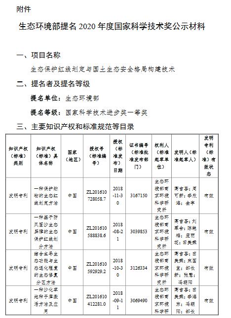 生态环境部提名2020年度国家科学技术奖公示材料