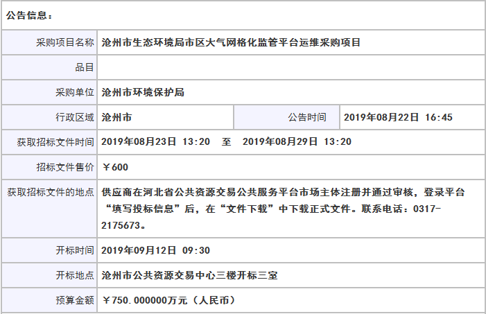 750万元 沧州市生态环境局市区大气网格化监管平台运维招标公告